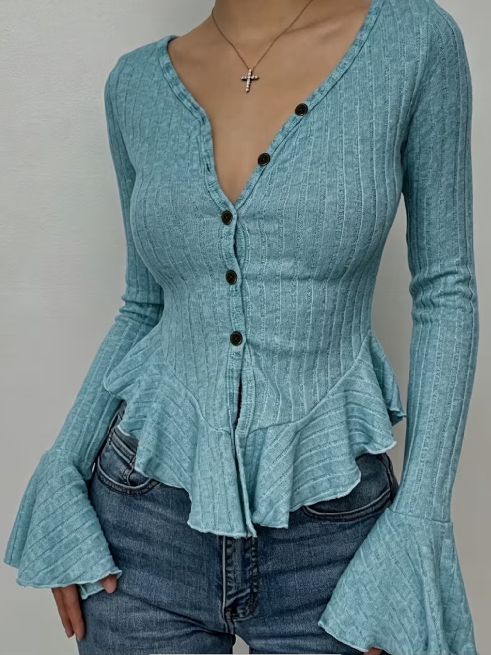 New Ribbed Cardigan Button-Up Top Bella Style Top Slim Fit Cardigan Long